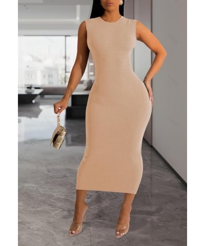 Sexy Bodycon Ribbed Tank Dress for Women Sleeveless Casual Party Club Midi Dresses T-camel $16.00 Dresses