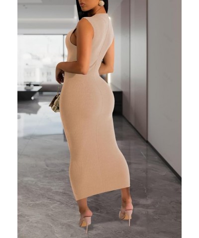 Sexy Bodycon Ribbed Tank Dress for Women Sleeveless Casual Party Club Midi Dresses T-camel $16.00 Dresses