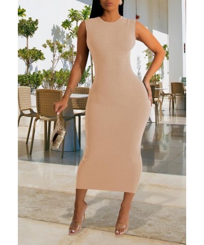 Sexy Bodycon Ribbed Tank Dress for Women Sleeveless Casual Party Club Midi Dresses T-camel $16.00 Dresses