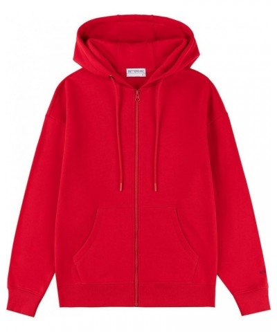 Women's Hooded Sweatshirt Casual Soft Brushed Fleece Hoody Drop Shoulder Full Zip Up Hoodie Size S-2XL Red $18.45 Hoodies & S...