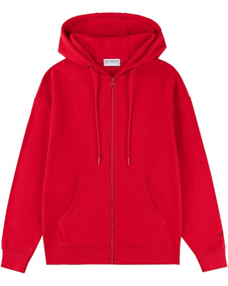 Women's Hooded Sweatshirt Casual Soft Brushed Fleece Hoody Drop Shoulder Full Zip Up Hoodie Size S-2XL Red $18.45 Hoodies & S...