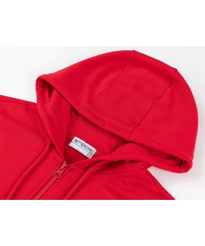 Women's Hooded Sweatshirt Casual Soft Brushed Fleece Hoody Drop Shoulder Full Zip Up Hoodie Size S-2XL Red $18.45 Hoodies & S...