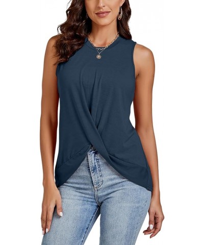 Women's Draped Twist Waist Sleeveless Ruched Loose Casual Tank Top Camisole Navy Blue $17.09 Tanks