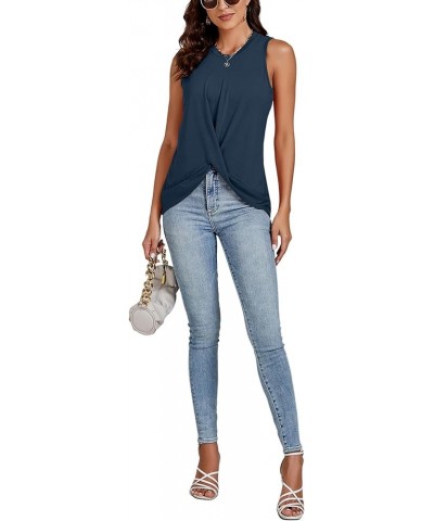 Women's Draped Twist Waist Sleeveless Ruched Loose Casual Tank Top Camisole Navy Blue $17.09 Tanks