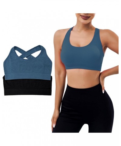 Women's Criss Cross Back Unlined Wirefree Sports Bra,Seamless Multipacks Fashion Yoga Bras Tank Tops,2 Piece Pack Black+blue ...