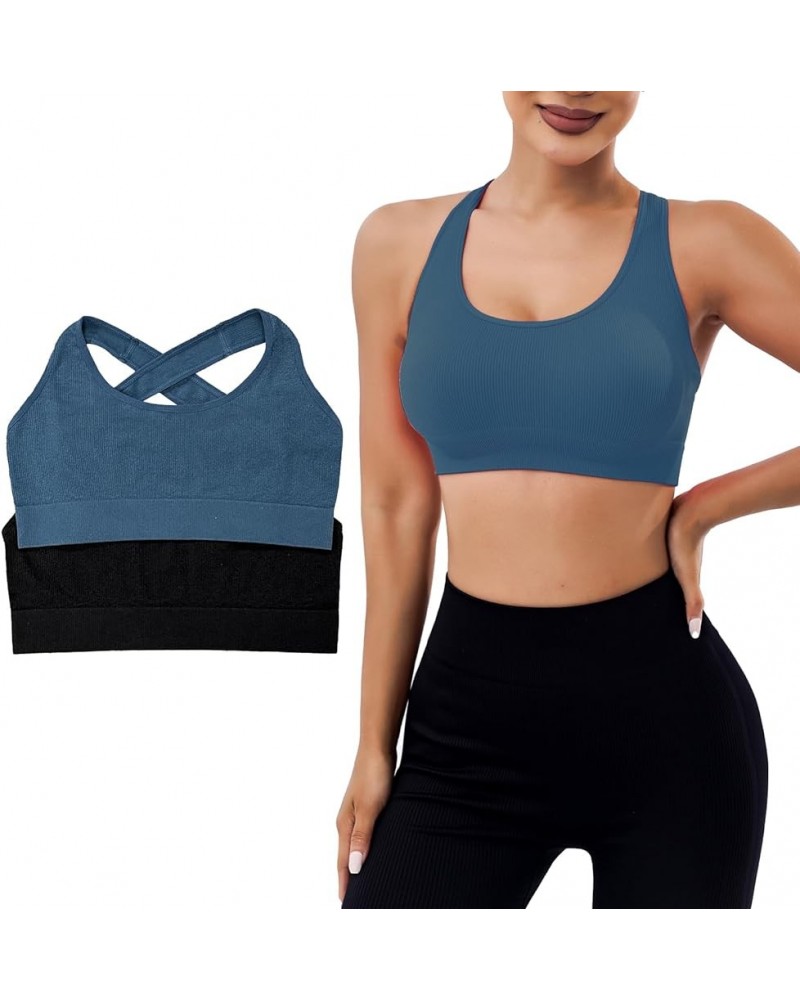 Women's Criss Cross Back Unlined Wirefree Sports Bra,Seamless Multipacks Fashion Yoga Bras Tank Tops,2 Piece Pack Black+blue ...