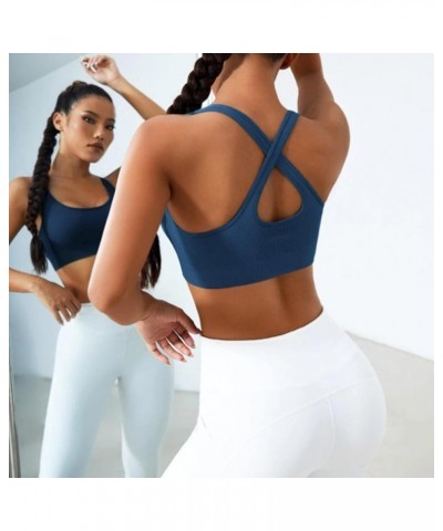 Women's Criss Cross Back Unlined Wirefree Sports Bra,Seamless Multipacks Fashion Yoga Bras Tank Tops,2 Piece Pack Black+blue ...