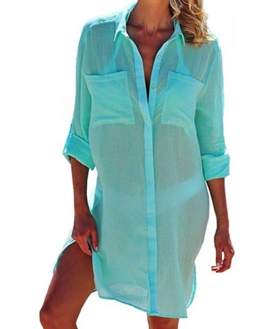 Women Vogue Button Down Crinkle Chiffon Shirts Bathing Suit Cover up Sexy Beachwear Light Green $13.91 Swimsuits