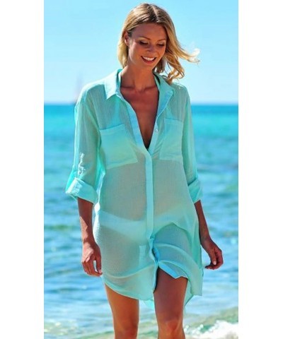 Women Vogue Button Down Crinkle Chiffon Shirts Bathing Suit Cover up Sexy Beachwear Light Green $13.91 Swimsuits