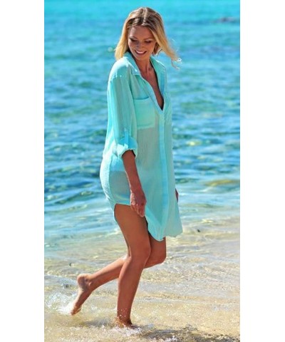 Women Vogue Button Down Crinkle Chiffon Shirts Bathing Suit Cover up Sexy Beachwear Light Green $13.91 Swimsuits