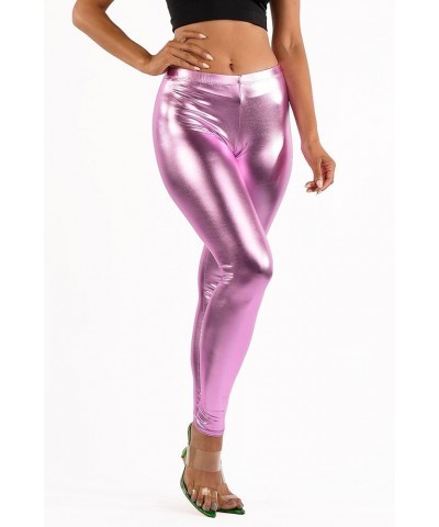 Metallic Shiny Leggings - High Waist Faux Leather Footless Tights Pants Wet Look Skinny Glamour Lavender $14.70 Leggings