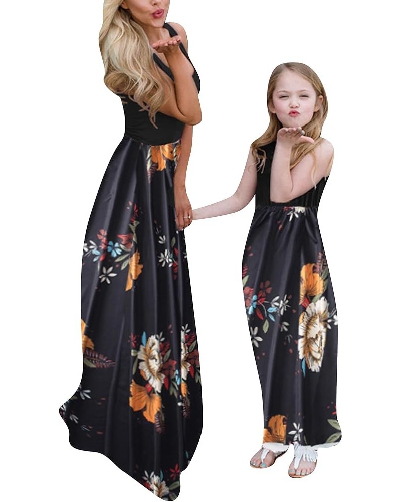 Mommy and Me Floral Dresses Summer Matching Maxi Dress Casual Family Matching Outfits Black Yellow Flower $11.25 Dresses