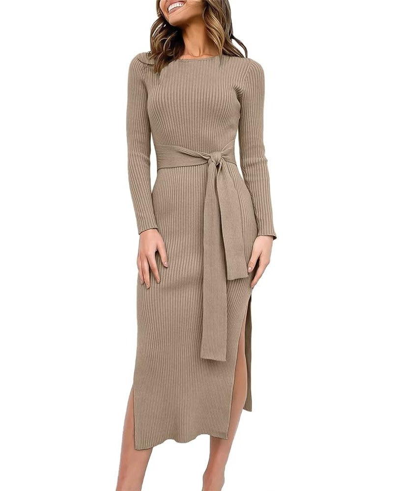 Women's 2023 Fall Elegant Sweater Dress Long Sleeve Crewneck Tie Waist Slim Rib Knit Slit Bodycon Midi Dress Almond $31.89 Sw...