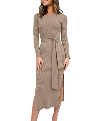 Women's 2023 Fall Elegant Sweater Dress Long Sleeve Crewneck Tie Waist Slim Rib Knit Slit Bodycon Midi Dress Almond $31.89 Sw...