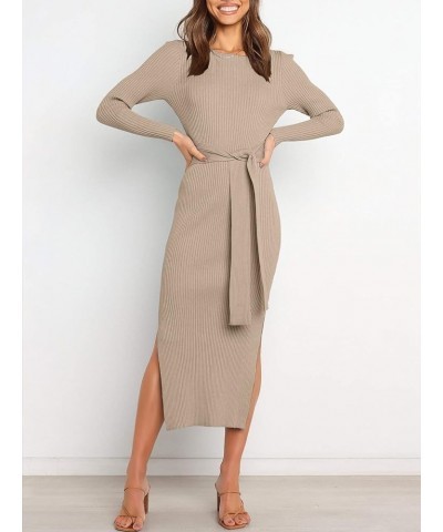 Women's 2023 Fall Elegant Sweater Dress Long Sleeve Crewneck Tie Waist Slim Rib Knit Slit Bodycon Midi Dress Almond $31.89 Sw...