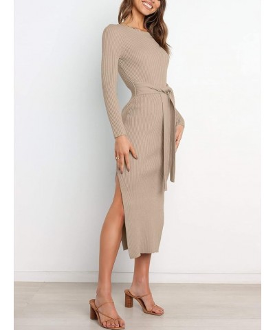 Women's 2023 Fall Elegant Sweater Dress Long Sleeve Crewneck Tie Waist Slim Rib Knit Slit Bodycon Midi Dress Almond $31.89 Sw...