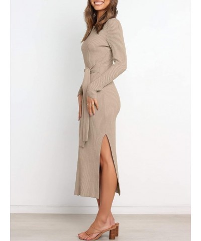 Women's 2023 Fall Elegant Sweater Dress Long Sleeve Crewneck Tie Waist Slim Rib Knit Slit Bodycon Midi Dress Almond $31.89 Sw...