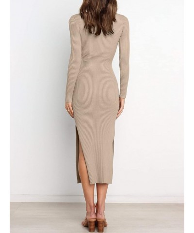 Women's 2023 Fall Elegant Sweater Dress Long Sleeve Crewneck Tie Waist Slim Rib Knit Slit Bodycon Midi Dress Almond $31.89 Sw...