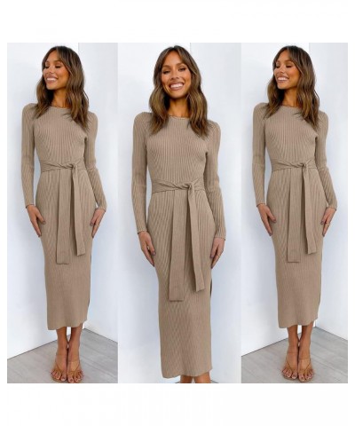 Women's 2023 Fall Elegant Sweater Dress Long Sleeve Crewneck Tie Waist Slim Rib Knit Slit Bodycon Midi Dress Almond $31.89 Sw...