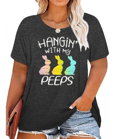 Women Plus Size Easter Shirt Funny Cute Bunny Eggs Graphic Tee Shirt Hanging with My Peeps Letter Print Novelty Tops(2-5X) Da...