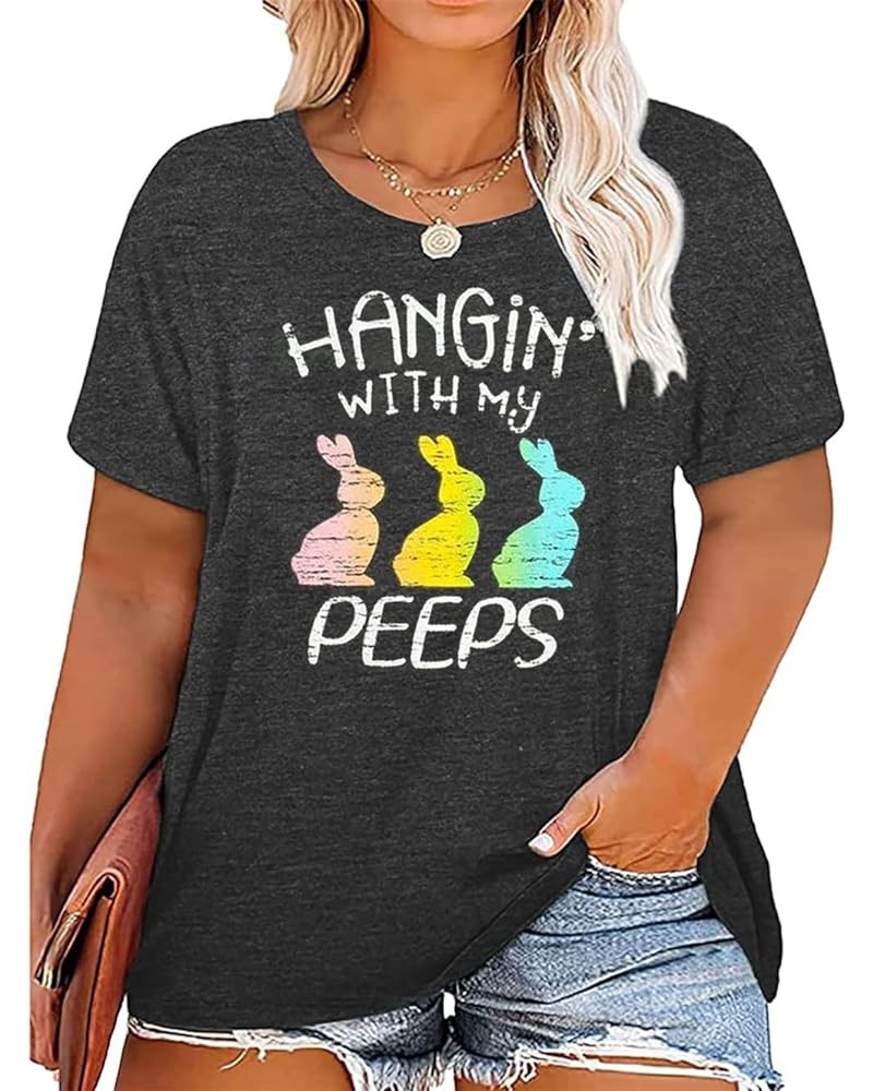 Women Plus Size Easter Shirt Funny Cute Bunny Eggs Graphic Tee Shirt Hanging with My Peeps Letter Print Novelty Tops(2-5X) Da...