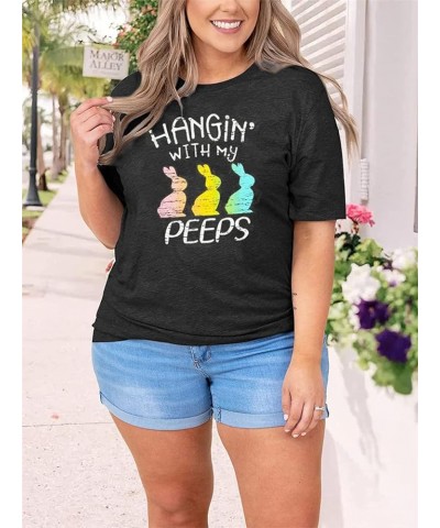 Women Plus Size Easter Shirt Funny Cute Bunny Eggs Graphic Tee Shirt Hanging with My Peeps Letter Print Novelty Tops(2-5X) Da...