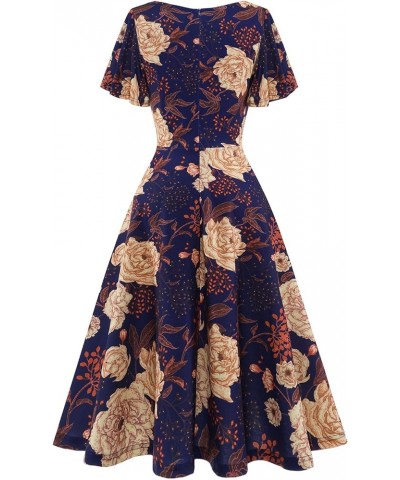 Ruffle Sleeve Cocktail Dresses for Wedding Guest Fit and Flare Tea Length Party Dress Navy Yellow Flower $19.36 Dresses