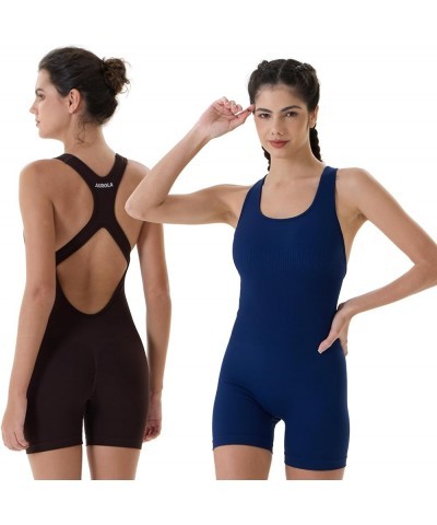 Power Romper for Women Workout Yoga Gym Seamless One Piece Racerback Jumpsuit Tummy Control Padded Sports Bra Pageant Blue $1...