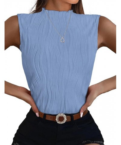 Womens Mock Neck Tank Tops Summer Textured SleevelessTops for Women Business Casual Blouse H-light Blue $16.19 Tanks