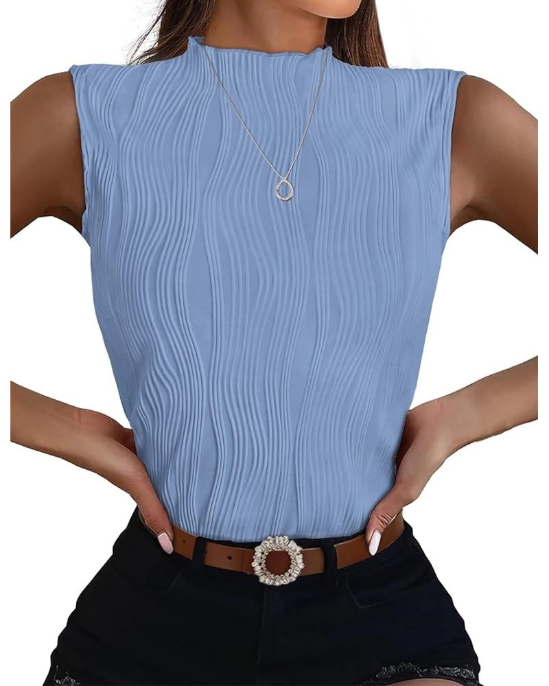 Womens Mock Neck Tank Tops Summer Textured SleevelessTops for Women Business Casual Blouse H-light Blue $16.19 Tanks