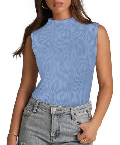 Womens Mock Neck Tank Tops Summer Textured SleevelessTops for Women Business Casual Blouse H-light Blue $16.19 Tanks