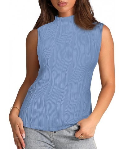 Womens Mock Neck Tank Tops Summer Textured SleevelessTops for Women Business Casual Blouse H-light Blue $16.19 Tanks