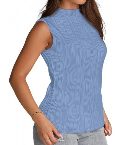 Womens Mock Neck Tank Tops Summer Textured SleevelessTops for Women Business Casual Blouse H-light Blue $16.19 Tanks