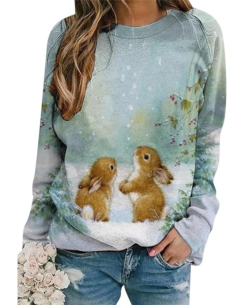 Women's Easter Basic Sweatshirt Crew Neck Long Sleeve Sweatshirt Casual Loose Sweatshirt with Rabbit Print Blue Green $15.65 ...