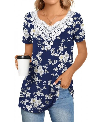 Women Summer Tunic Tops Short Sleeve T-Shirt V-Neck Crochet Lace Blouses Casual Pleated Pullover V-neck Floret White $13.24 Tops