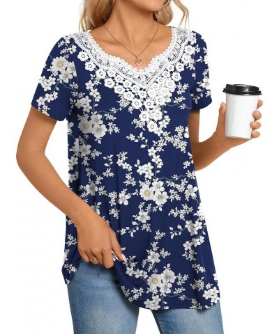 Women Summer Tunic Tops Short Sleeve T-Shirt V-Neck Crochet Lace Blouses Casual Pleated Pullover V-neck Floret White $13.24 Tops