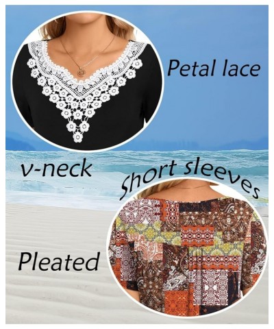 Women Summer Tunic Tops Short Sleeve T-Shirt V-Neck Crochet Lace Blouses Casual Pleated Pullover V-neck Floret White $13.24 Tops