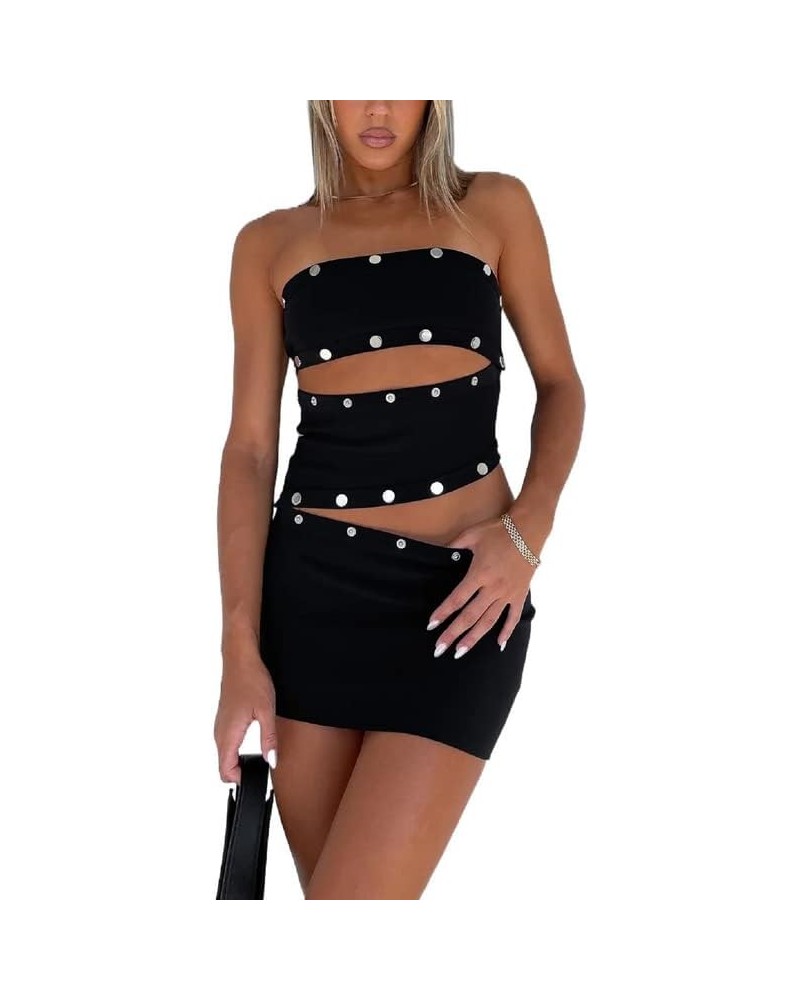 Women Sexy Two Piece Skirt Sets Sleeveless Crop Tops Bodycon Mini Skirts Solid Color Night Party Club Outfit A4- Black $10.63...