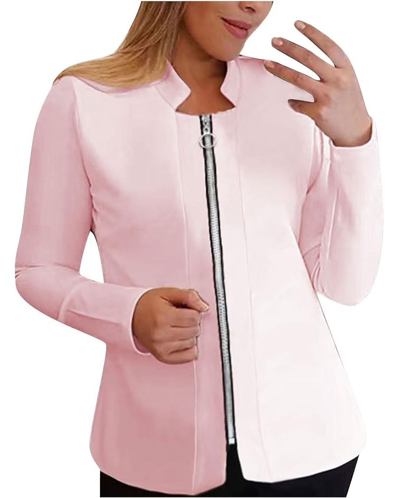 Womens Plus Size Casual Suit Jackets Zipper Cardigan Solid Blazers Coat Mock Neck Long Sleeve Open Front Blazer Jacket Pink $...