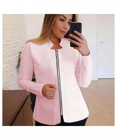 Womens Plus Size Casual Suit Jackets Zipper Cardigan Solid Blazers Coat Mock Neck Long Sleeve Open Front Blazer Jacket Pink $...