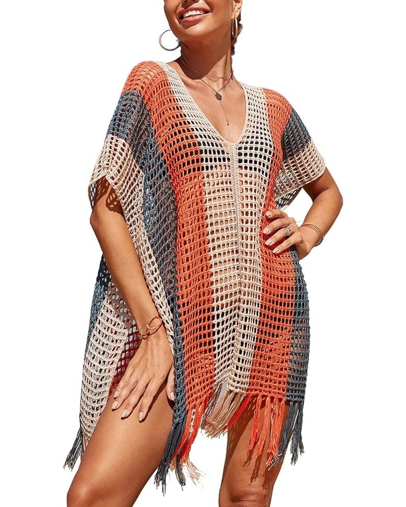 Women's Boho Tunic Tops Beach Cover Up Dress Resort Swimsuit Kimono Loungewear D Orange Grey $14.96 Swimsuits