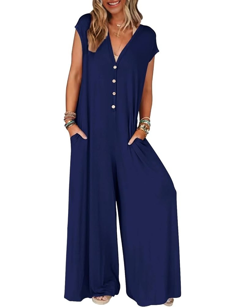 Women's 2024 Summer Cap Sleeve Jumpsuits Deep V Neck Button Onesie Wide Leg Pants Rompers Navy $16.00 Jumpsuits