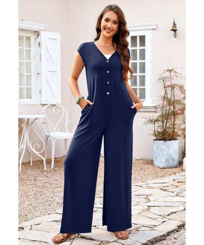 Women's 2024 Summer Cap Sleeve Jumpsuits Deep V Neck Button Onesie Wide Leg Pants Rompers Navy $16.00 Jumpsuits