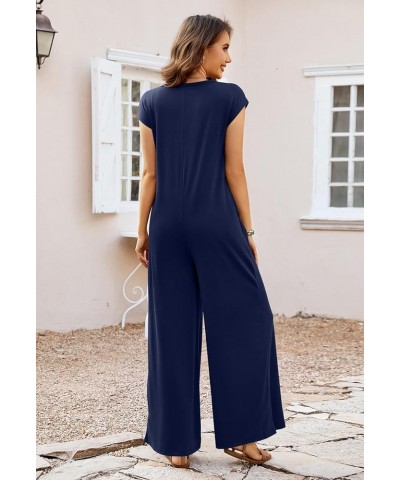 Women's 2024 Summer Cap Sleeve Jumpsuits Deep V Neck Button Onesie Wide Leg Pants Rompers Navy $16.00 Jumpsuits