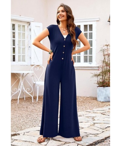 Women's 2024 Summer Cap Sleeve Jumpsuits Deep V Neck Button Onesie Wide Leg Pants Rompers Navy $16.00 Jumpsuits