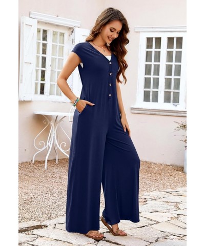 Women's 2024 Summer Cap Sleeve Jumpsuits Deep V Neck Button Onesie Wide Leg Pants Rompers Navy $16.00 Jumpsuits