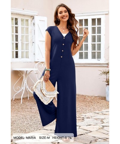 Women's 2024 Summer Cap Sleeve Jumpsuits Deep V Neck Button Onesie Wide Leg Pants Rompers Navy $16.00 Jumpsuits