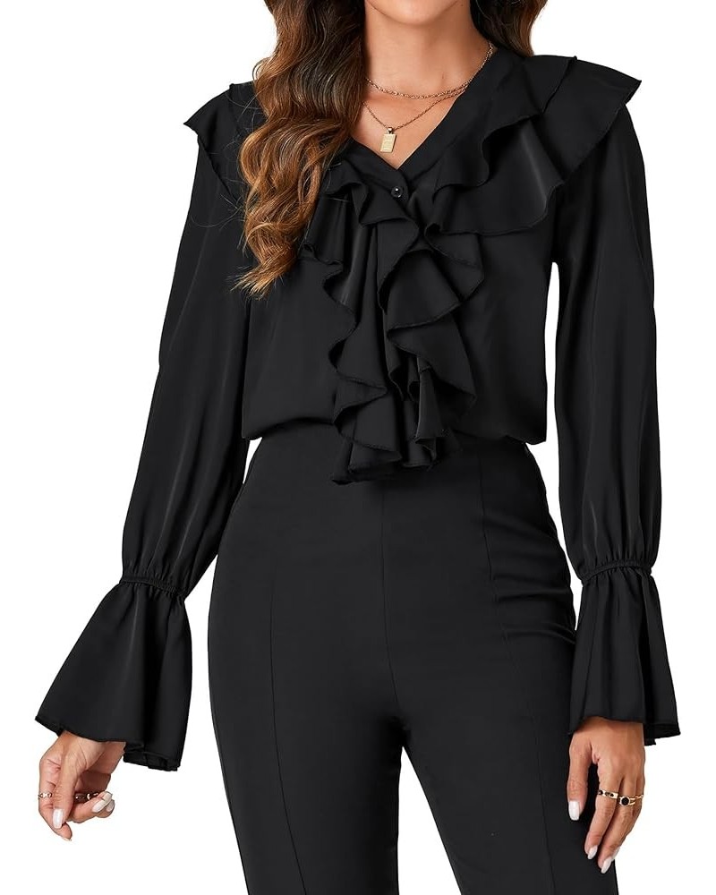 Women's V Neck Ruffle Front Button Down Ruffle Long Sleeve Blouse Top Shirt Black $14.70 Blouses