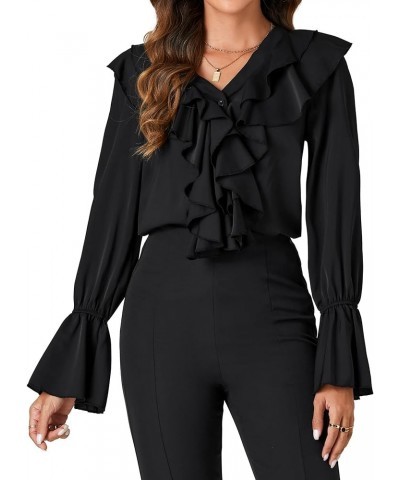 Women's V Neck Ruffle Front Button Down Ruffle Long Sleeve Blouse Top Shirt Black $14.70 Blouses