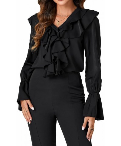 Women's V Neck Ruffle Front Button Down Ruffle Long Sleeve Blouse Top Shirt Black $14.70 Blouses